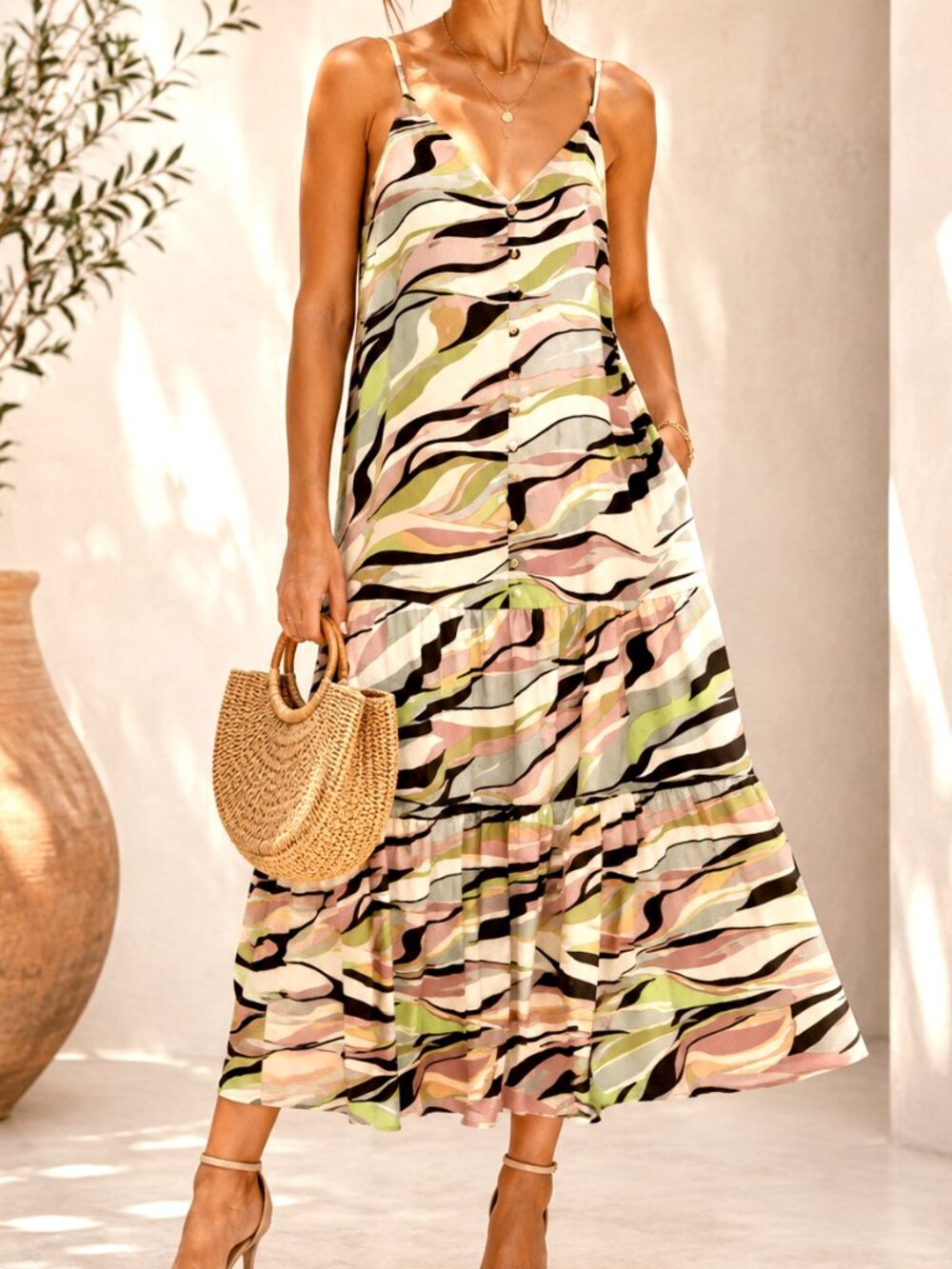 Ted Baker Striped Abstract Print Midi Dress XS Sleeveless Sundress Boho Vacation